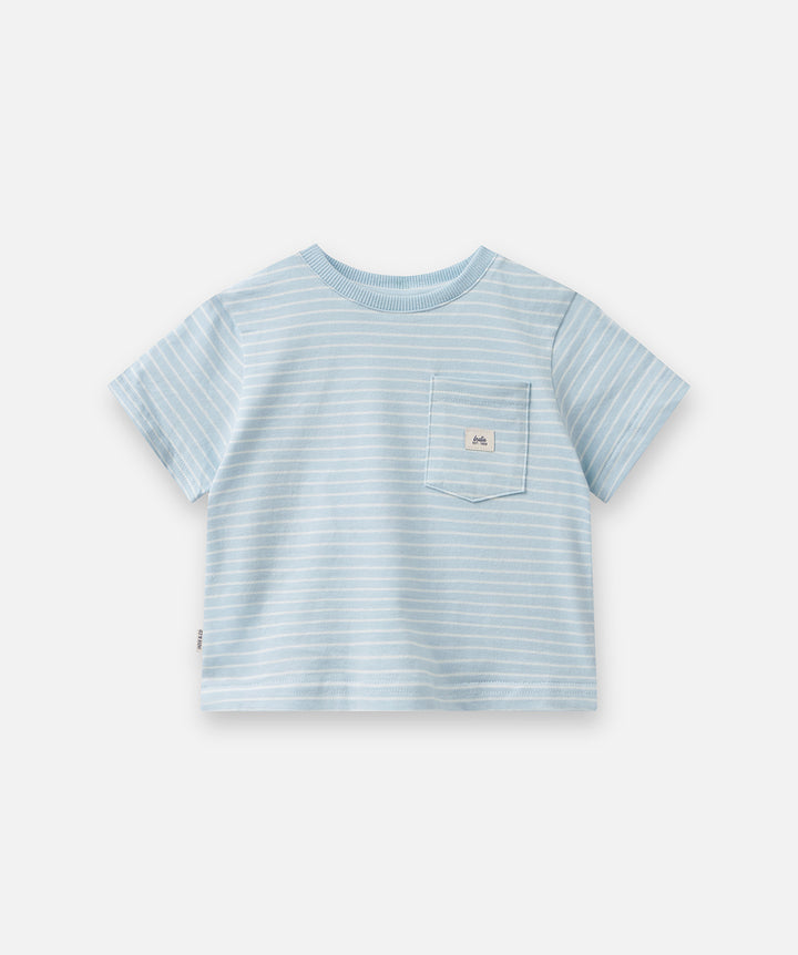 A light blue and white striped short-sleeve t-shirt with a chest pocket featuring a small embroidered logo, displayed flat against a light gray background.