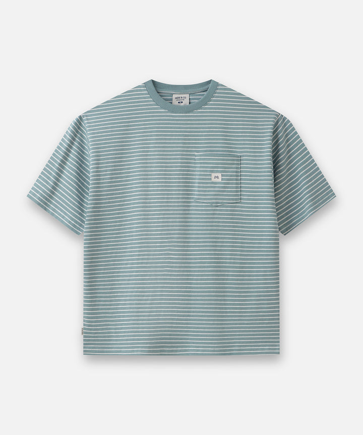 A short-sleeve crewneck t-shirt with thin horizontal stripes in sage green and white, featuring a left chest pocket with a small white brand label.