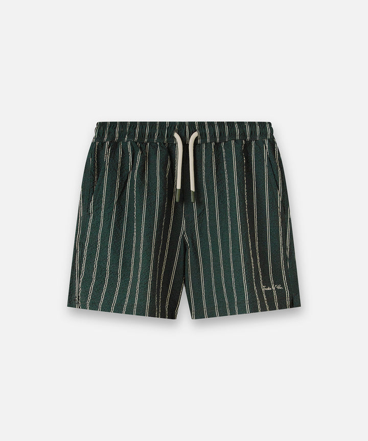 A pair of dark green striped shorts with a white drawstring, displayed flat against a light gray background.